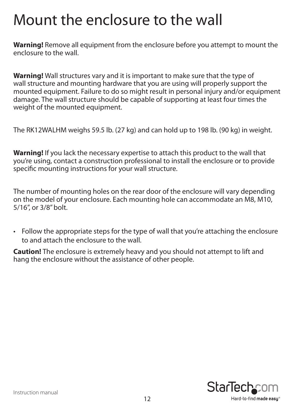 Mount the enclosure to the wall | StarTech.com Wall Mount Network Cabinet Enclosure (12 RU, 19") User Manual | Page 16 / 19