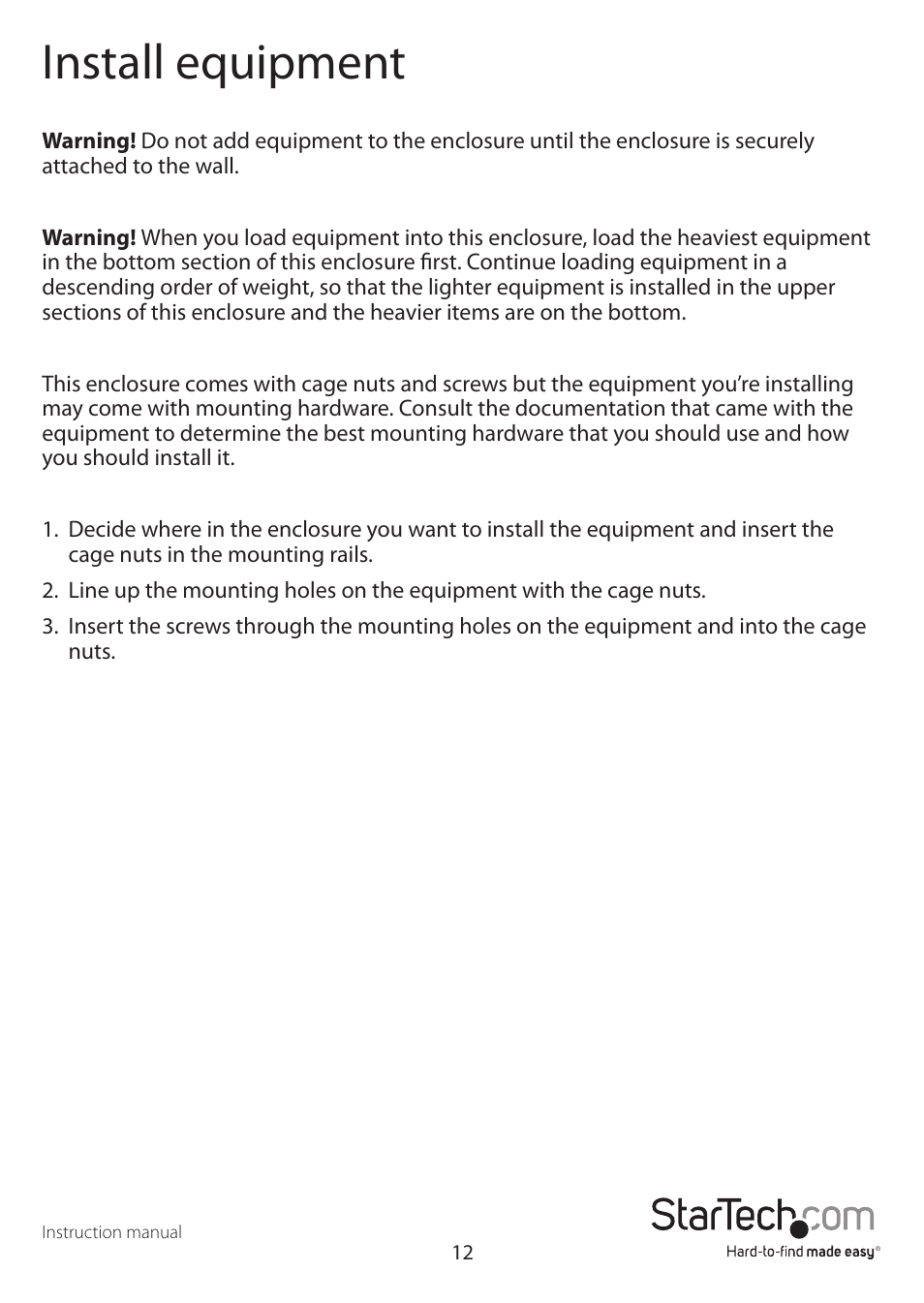 Install equipment | StarTech.com Wall Mount Network Cabinet Enclosure (12 RU, 19") User Manual | Page 17 / 19