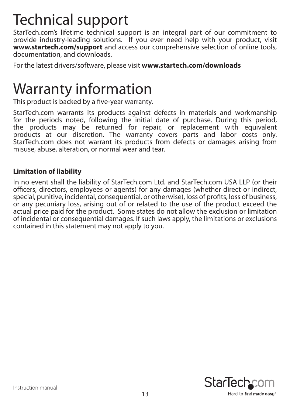 Technical support, Warranty information | StarTech.com Wall Mount Network Cabinet Enclosure (12 RU, 19") User Manual | Page 18 / 19