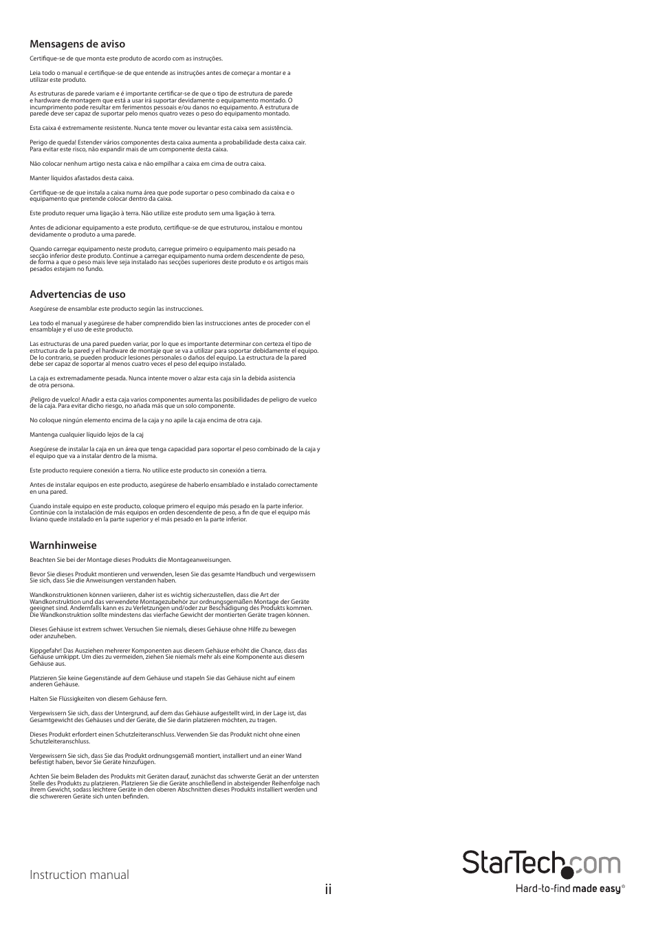 Instruction manual, Mensagens de aviso, Advertencias de uso | Warnhinweise | StarTech.com Wall Mount Network Cabinet Enclosure (12 RU, 19") User Manual | Page 4 / 19