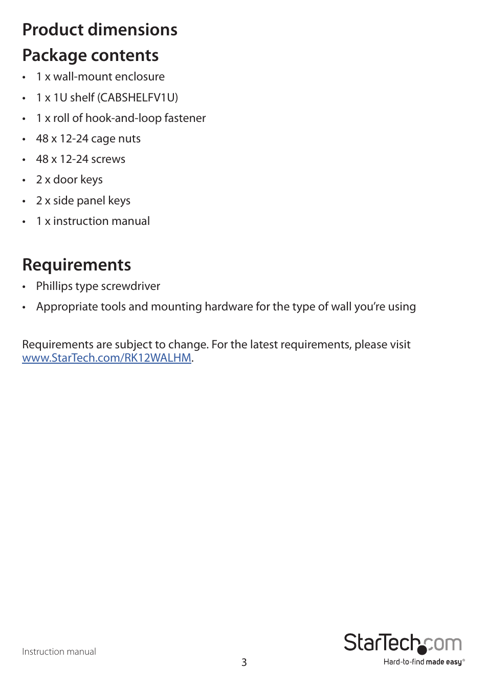 Package contents, Requirements, Product dimensions package contents | StarTech.com Wall Mount Network Cabinet Enclosure (12 RU, 19") User Manual | Page 7 / 19