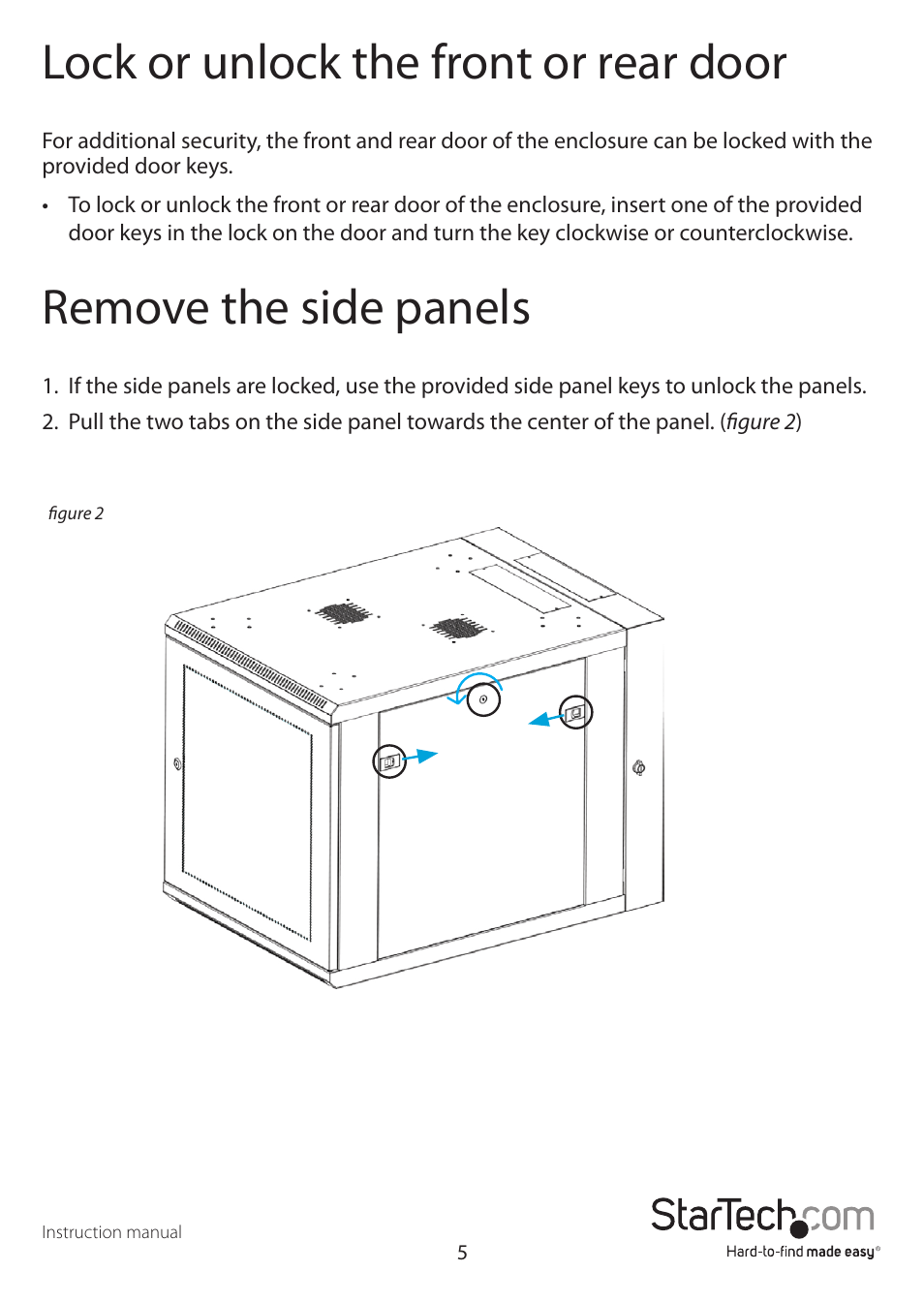 Lock or unlock the front or rear door, Remove the side panels | StarTech.com Wall Mount Network Cabinet Enclosure (12 RU, 19") User Manual | Page 9 / 19