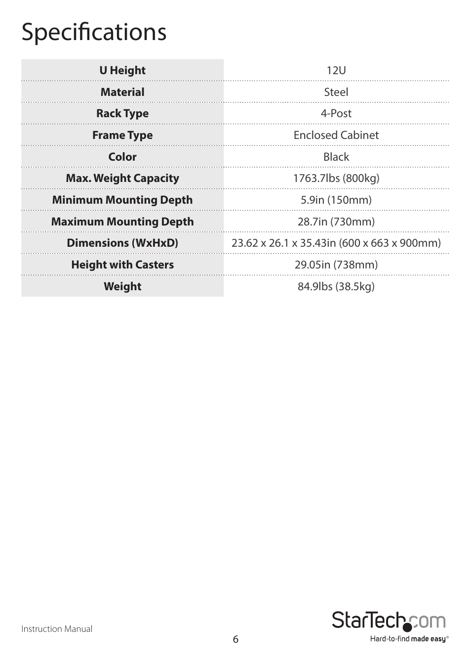 Specifications | StarTech.com Knock-Down Server Rack Cabinet with Casters (12 RU, 36") User Manual | Page 9 / 11