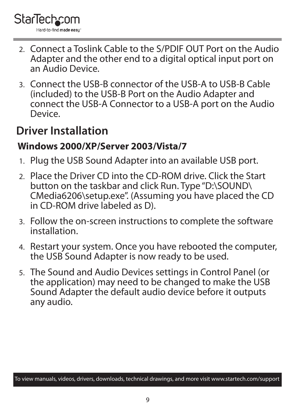 Driver installation | StarTech.com 7.1 USB Audio Adapter External Sound Card User Manual | Page 10 / 14