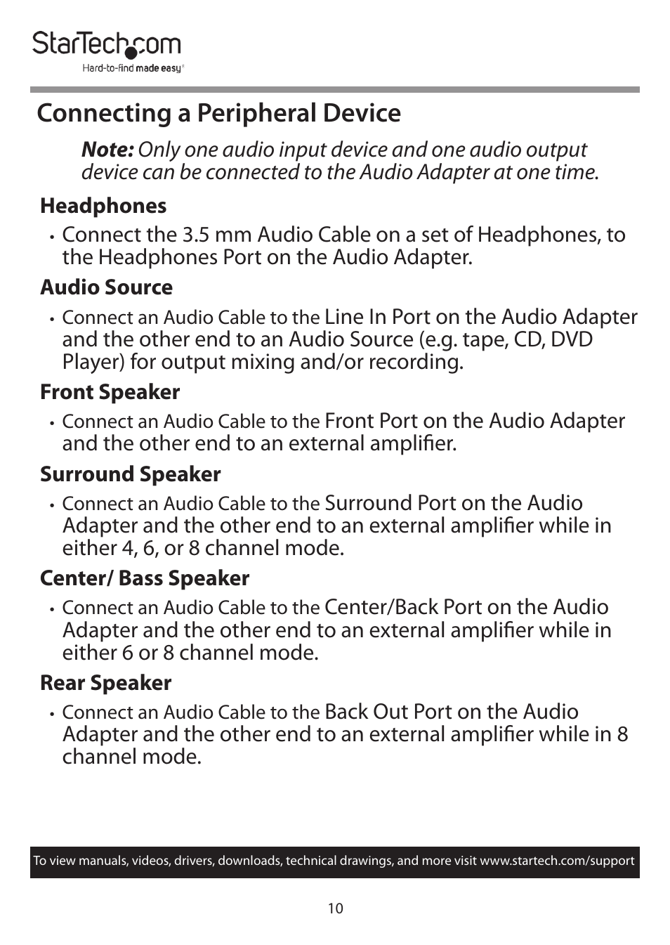 Connecting a peripheral device | StarTech.com 7.1 USB Audio Adapter External Sound Card User Manual | Page 11 / 14
