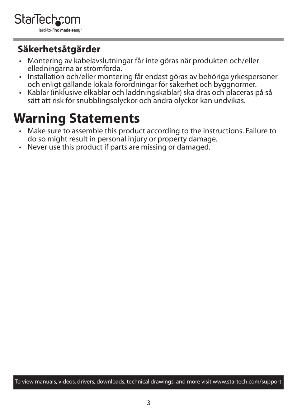 Warning statements, Säkerhetsåtgärder | StarTech.com 7.1 USB Audio Adapter External Sound Card User Manual | Page 4 / 14