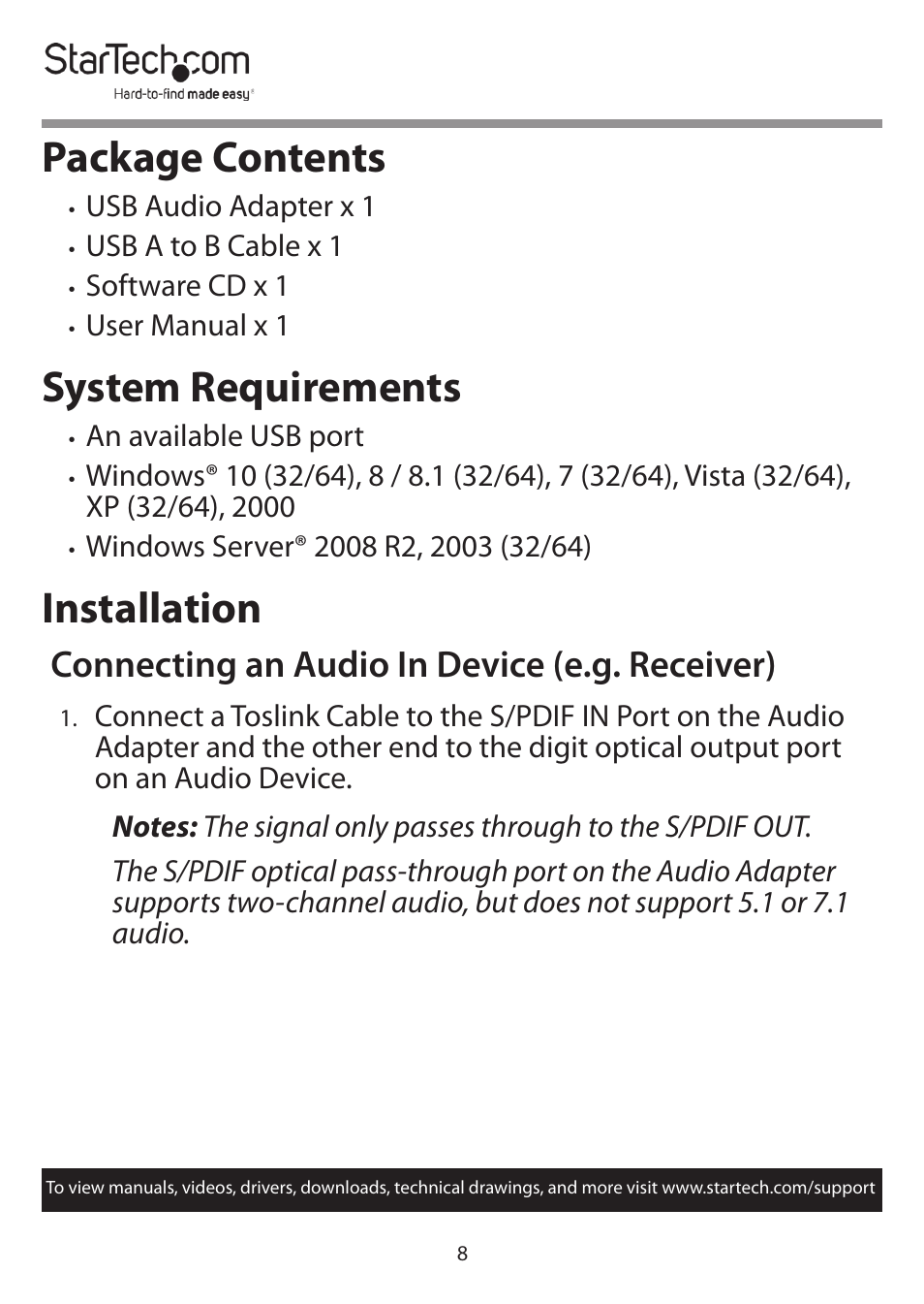 Package contents, System requirements, Installation | Connecting an audio in device (e.g. receiver) | StarTech.com 7.1 USB Audio Adapter External Sound Card User Manual | Page 9 / 14