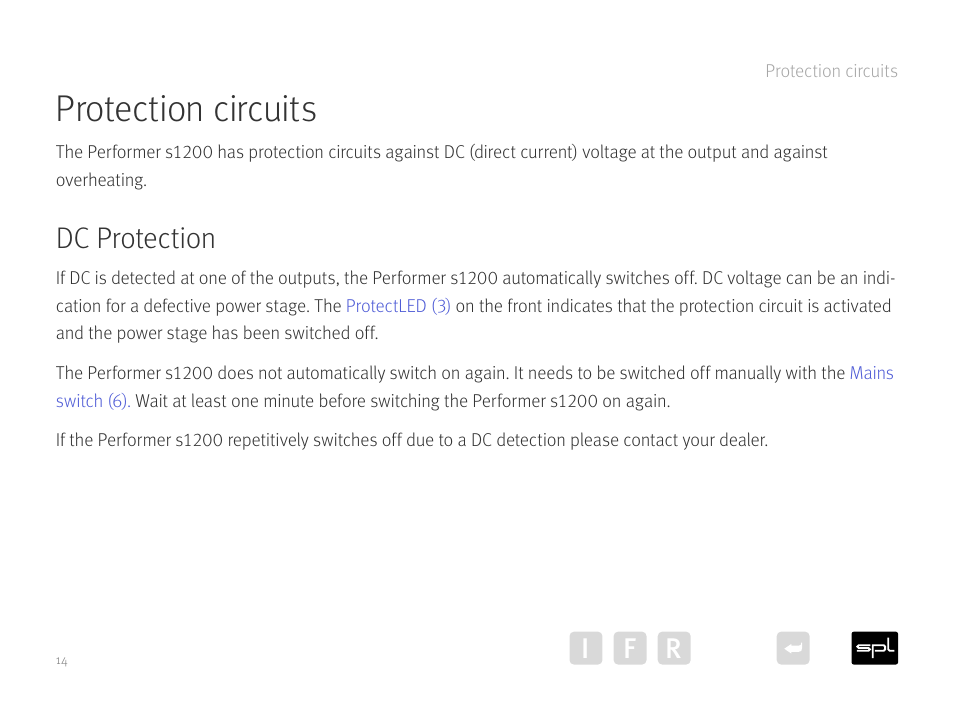 Dc protection, Protection circuits, I f r | SPL Performer S1200 Stereo High Power Amplifier (Black) User Manual | Page 14 / 21