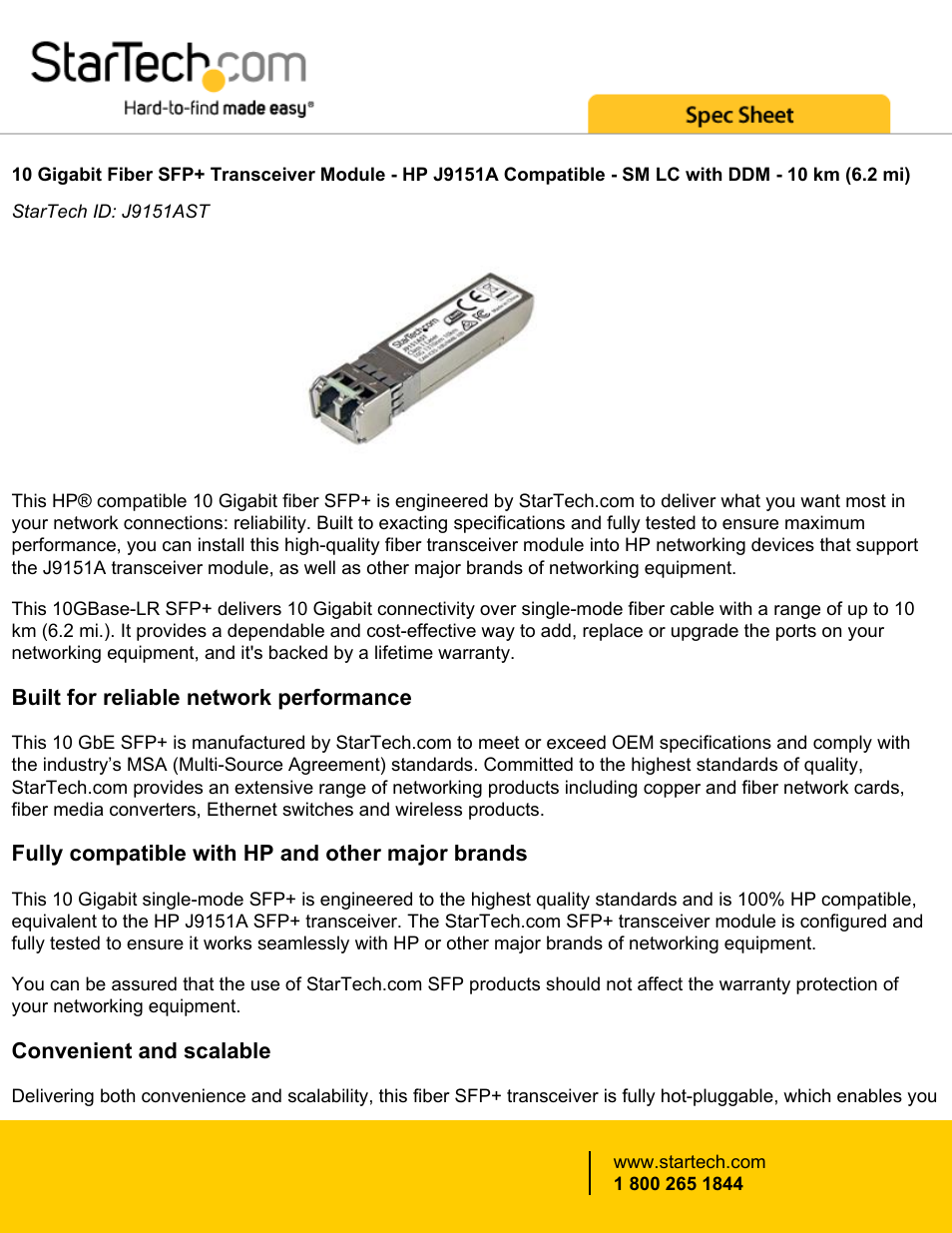 StarTech.com 10 Gigabit Fiber SFP+ MM LC with DDM Transceiver Module - HP J9151A Compatible (Up to 6.2 mi) User Manual | 4 pages
