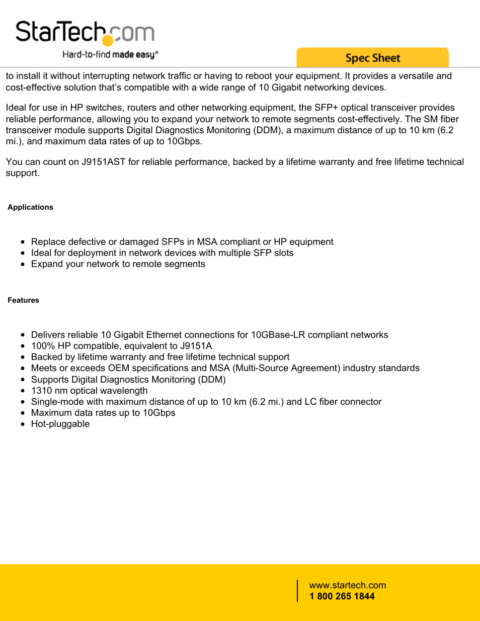 StarTech.com 10 Gigabit Fiber SFP+ MM LC with DDM Transceiver Module - HP J9151A Compatible (Up to 6.2 mi) User Manual | Page 2 / 4