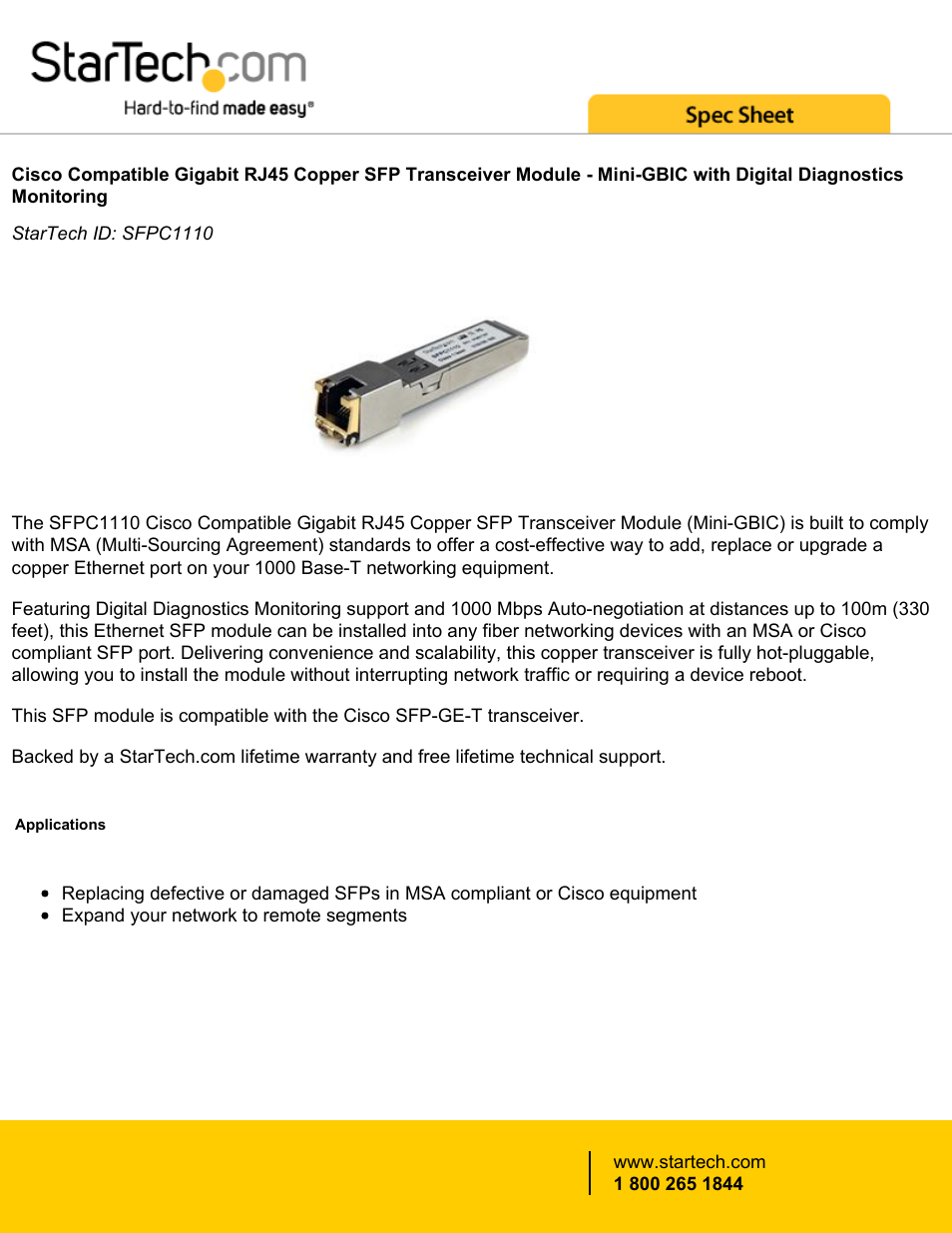 StarTech.com Cisco Compatible Gigabit RJ-45 Mini-GBIC Copper SFP Transceiver Module User Manual | 3 pages