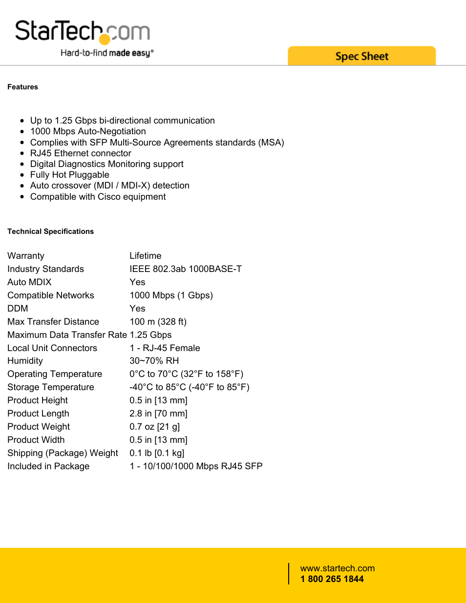 StarTech.com Cisco Compatible Gigabit RJ-45 Mini-GBIC Copper SFP Transceiver Module User Manual | Page 2 / 3
