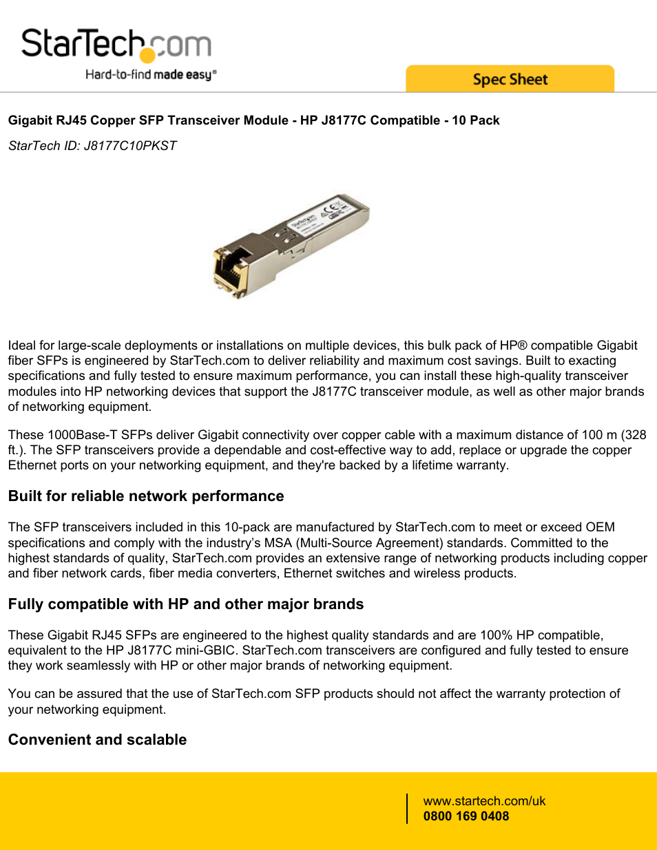 StarTech.com Gigabit RJ45 Copper SFP Transceiver Module - HP J8177C Compatible (10-Pack) User Manual | 3 pages