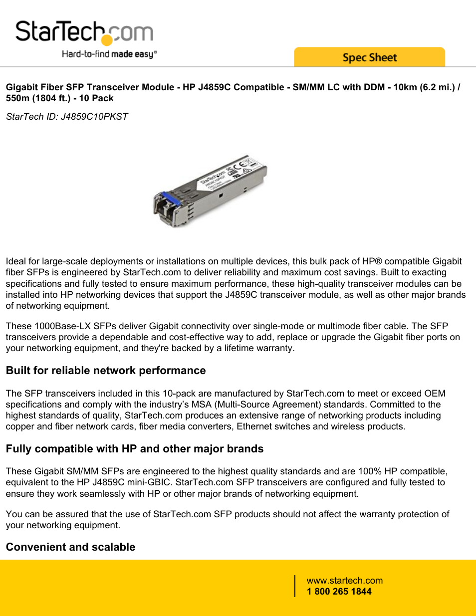 StarTech.com Gigabit Fiber SFP Transceiver Module - HP J4858C Compatible (Up to 6.2 mi, 10-Pack) User Manual | 4 pages