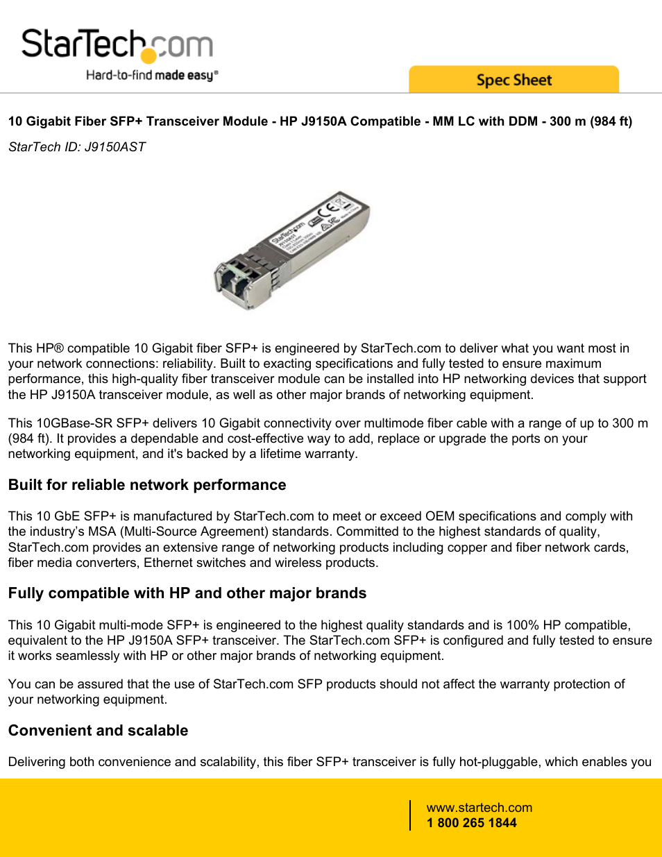 StarTech.com 10 Gigabit Fiber SFP+ MM LC with DDM Transceiver Module - HP J9150A Compatible (Up to 984') User Manual | 4 pages