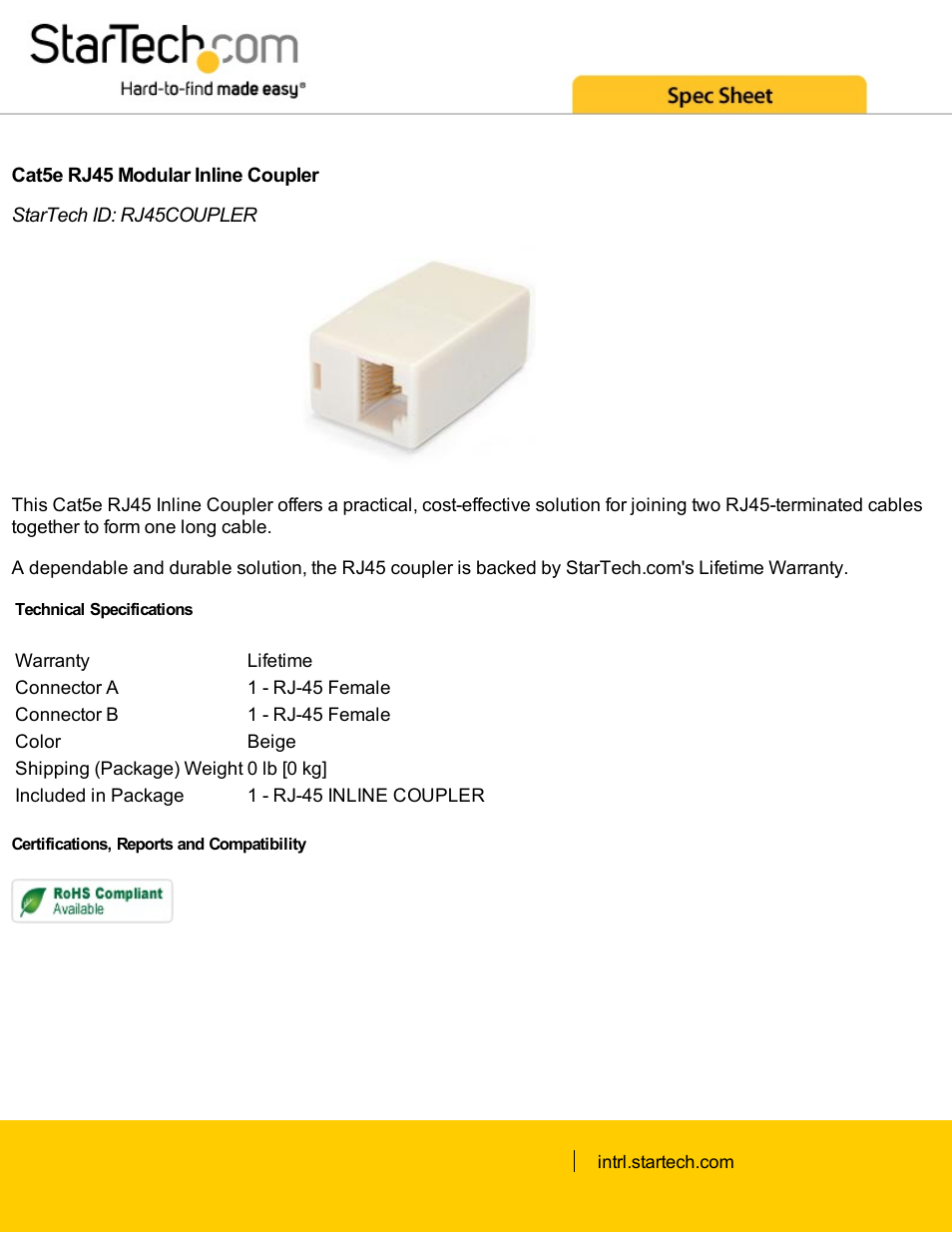 StarTech.com Cat5e RJ45 Modular Inline Coupler (Beige) User Manual | 1 page