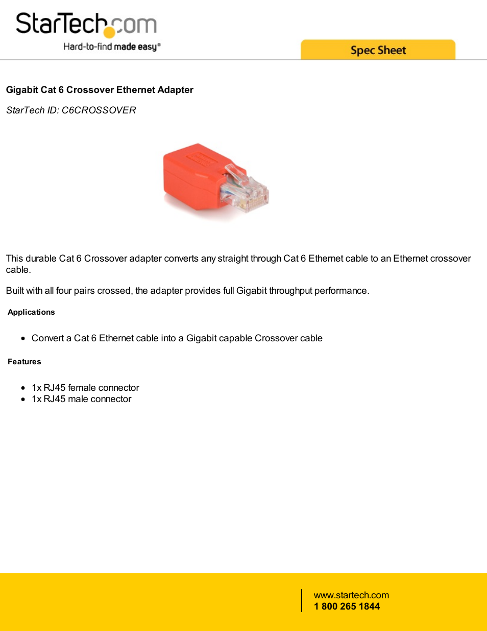StarTech.com Gigabit Cat 6 Crossover Ethernet Adapter User Manual | 2 pages