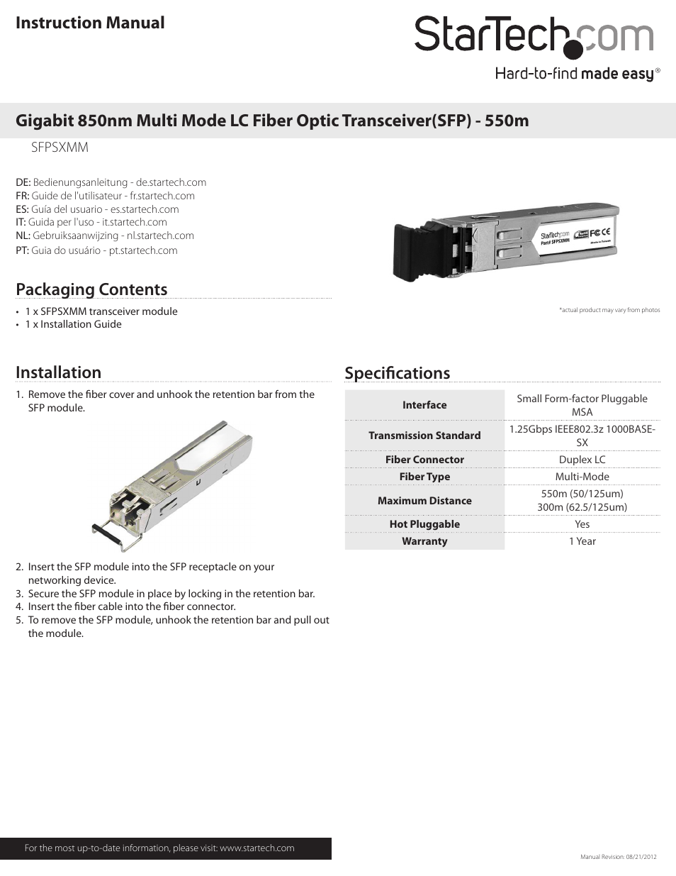 StarTech.com Gigabit 850nm Multi Mode SFP Fiber Optical Transceiver - LC 550m User Manual | 2 pages