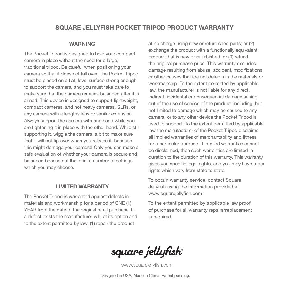 Square Jellyfish Tabletop Support (Polycarbonate / ABS Plastic) User Manual | Page 2 / 2