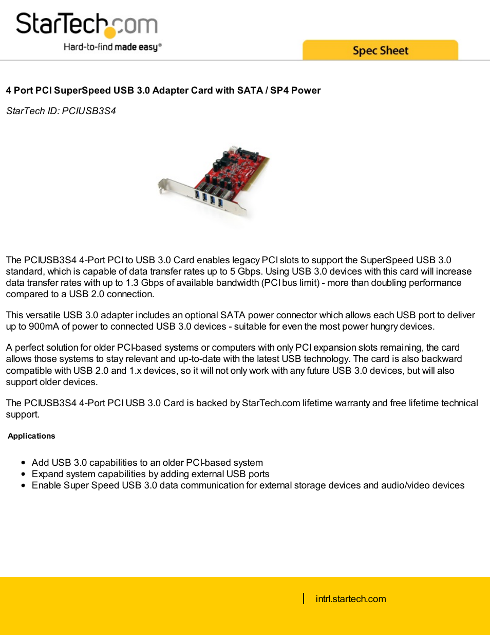 StarTech.com Four-Port SuperSpeed USB 3.0 PCI Card with SATA/SP4 Power User Manual | 4 pages