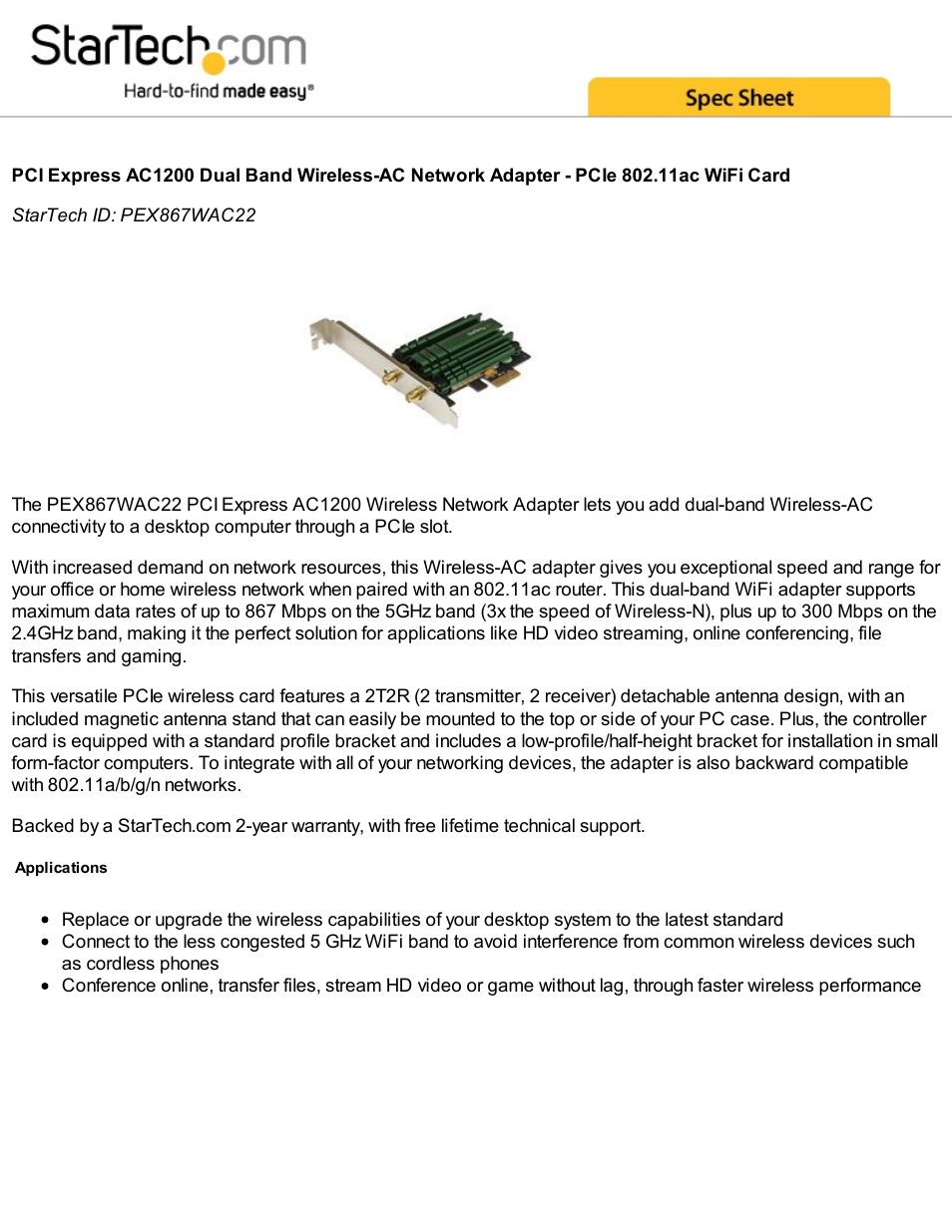 StarTech.com AC1200 Dual-Band Wireless AC PCIe Network Adapter User Manual | 4 pages