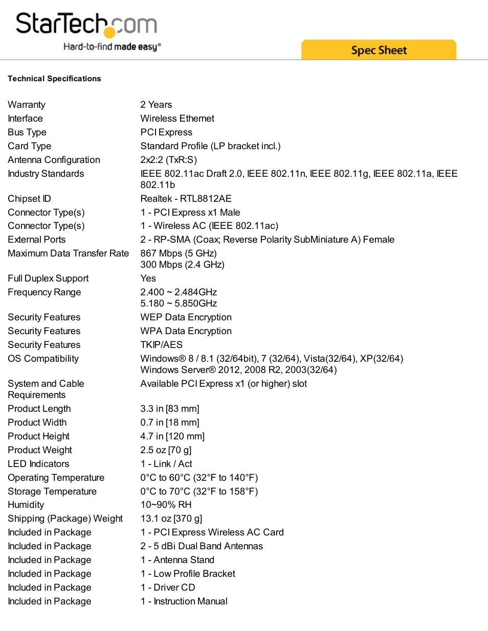 StarTech.com AC1200 Dual-Band Wireless AC PCIe Network Adapter User Manual | Page 3 / 4