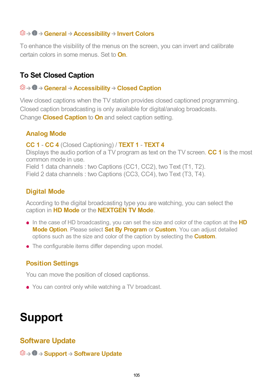 To set closed caption, Support, Software update | LG UQ7570PUJ 50" 4K HDR Smart LED TV User Manual | Page 105 / 133