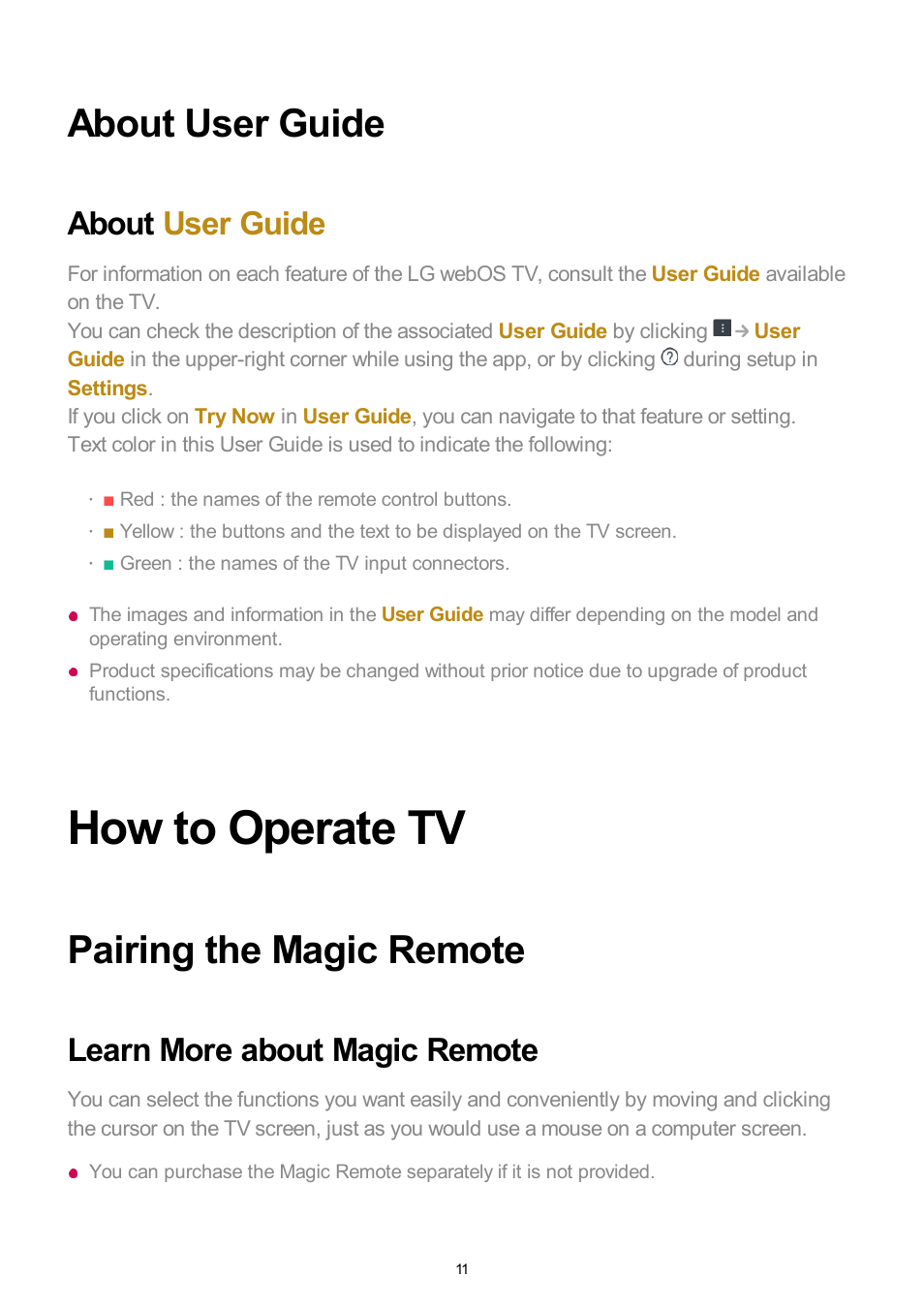 About user guide, How to operate tv, Pairing the magic remote | Learn more about magic remote | LG UQ7570PUJ 50" 4K HDR Smart LED TV User Manual | Page 11 / 133