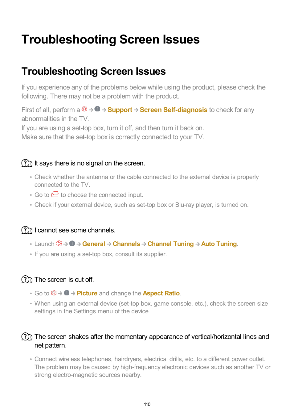 Troubleshooting screen issues | LG UQ7570PUJ 50" 4K HDR Smart LED TV User Manual | Page 110 / 133