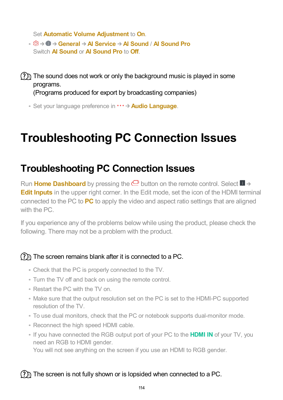 Troubleshooting pc connection issues | LG UQ7570PUJ 50" 4K HDR Smart LED TV User Manual | Page 114 / 133