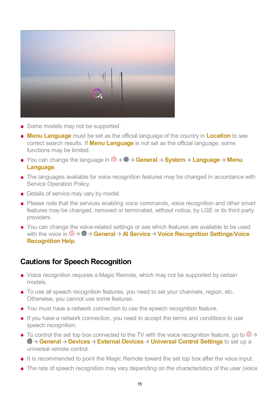 Cautions for speech recognition | LG UQ7570PUJ 50" 4K HDR Smart LED TV User Manual | Page 15 / 133