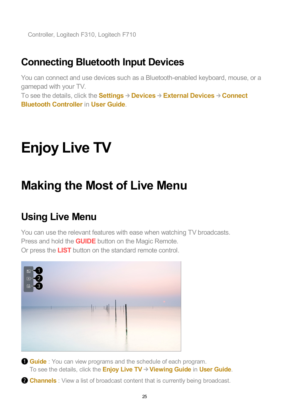 Connecting bluetooth input devices, Enjoy live tv, Making the most of live menu | Using live menu | LG UQ7570PUJ 50" 4K HDR Smart LED TV User Manual | Page 25 / 133