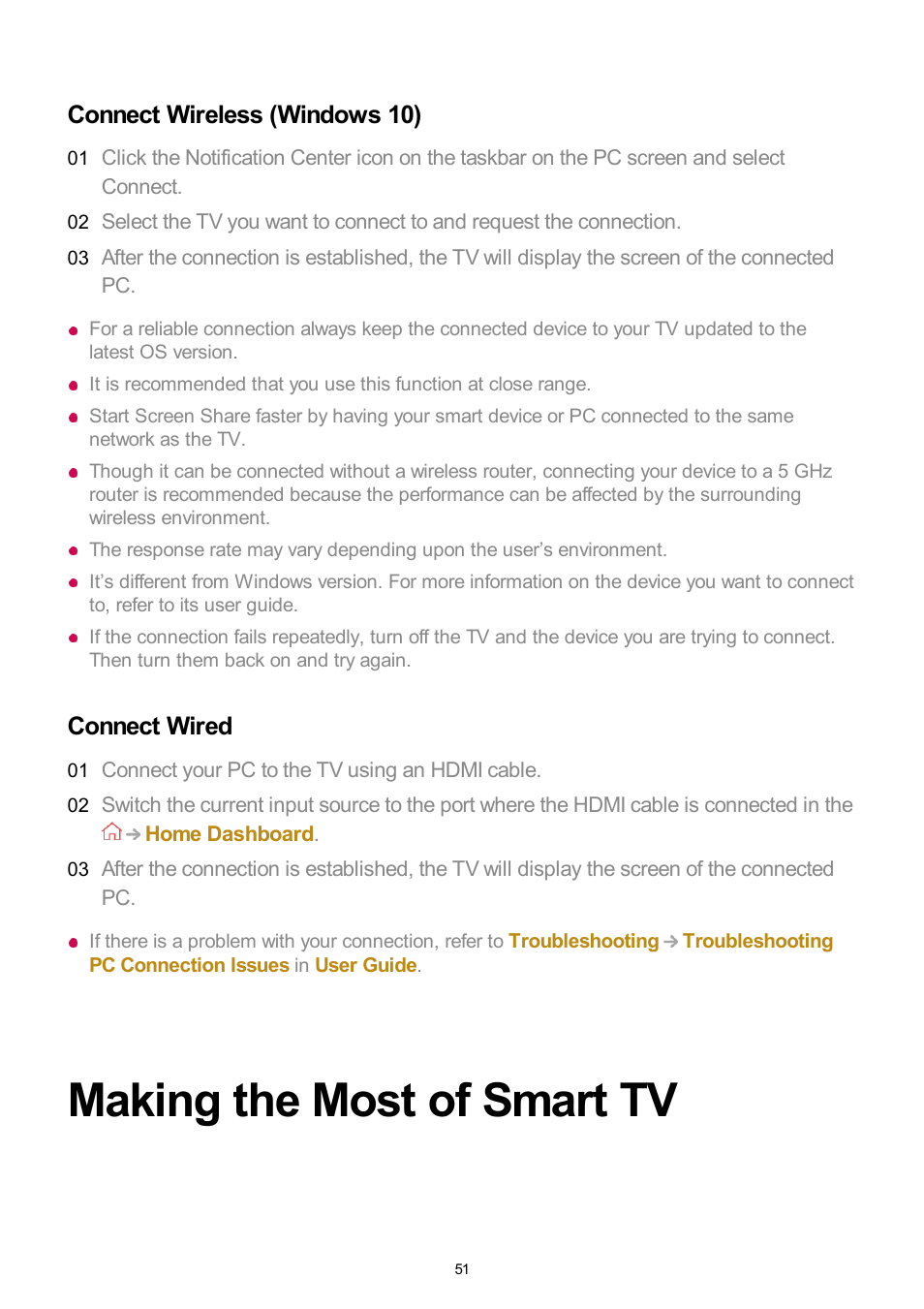 Connect wireless (windows 10), Connect wired, Making the most of smart tv | LG UQ7570PUJ 50" 4K HDR Smart LED TV User Manual | Page 51 / 133