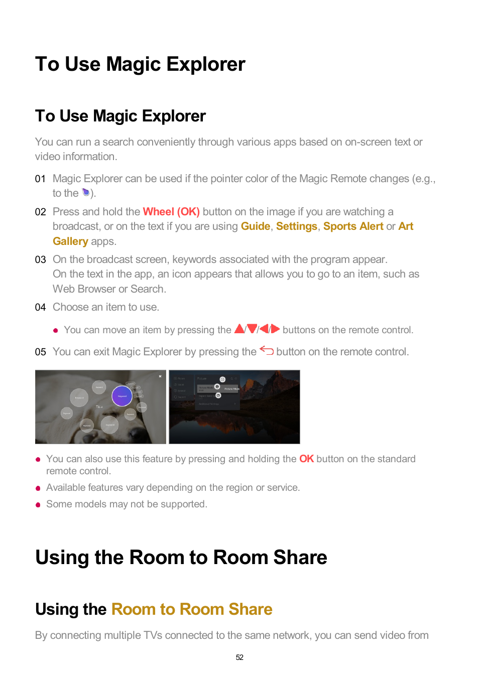 To use magic explorer, Using the room to room share | LG UQ7570PUJ 50" 4K HDR Smart LED TV User Manual | Page 52 / 133