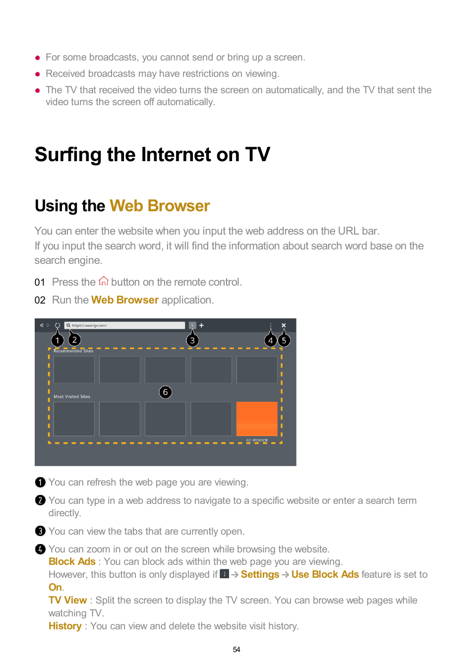 Surfing the internet on tv, Using the web browser | LG UQ7570PUJ 50" 4K HDR Smart LED TV User Manual | Page 54 / 133