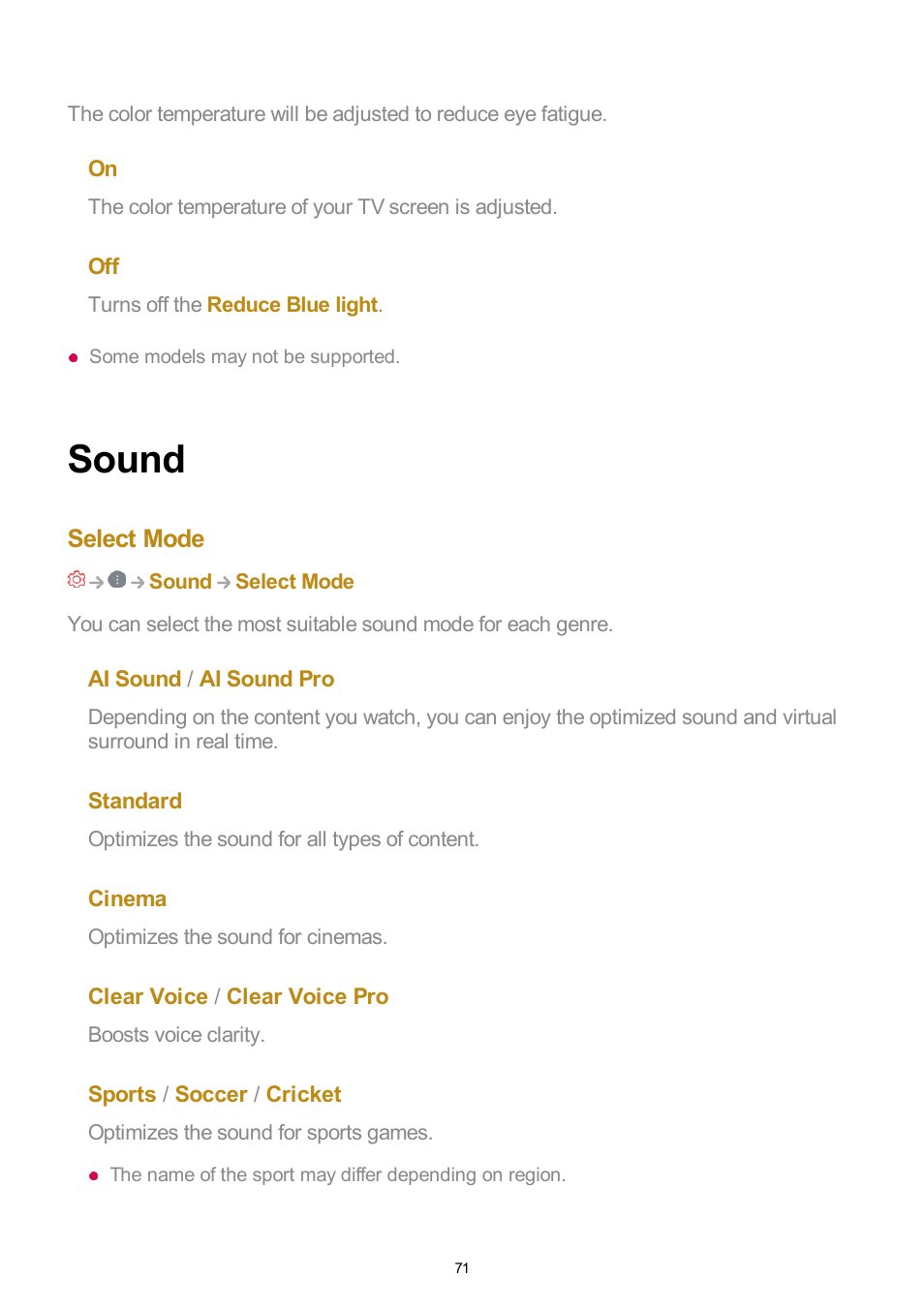 Sound, Select mode | LG UQ7570PUJ 50" 4K HDR Smart LED TV User Manual | Page 71 / 133