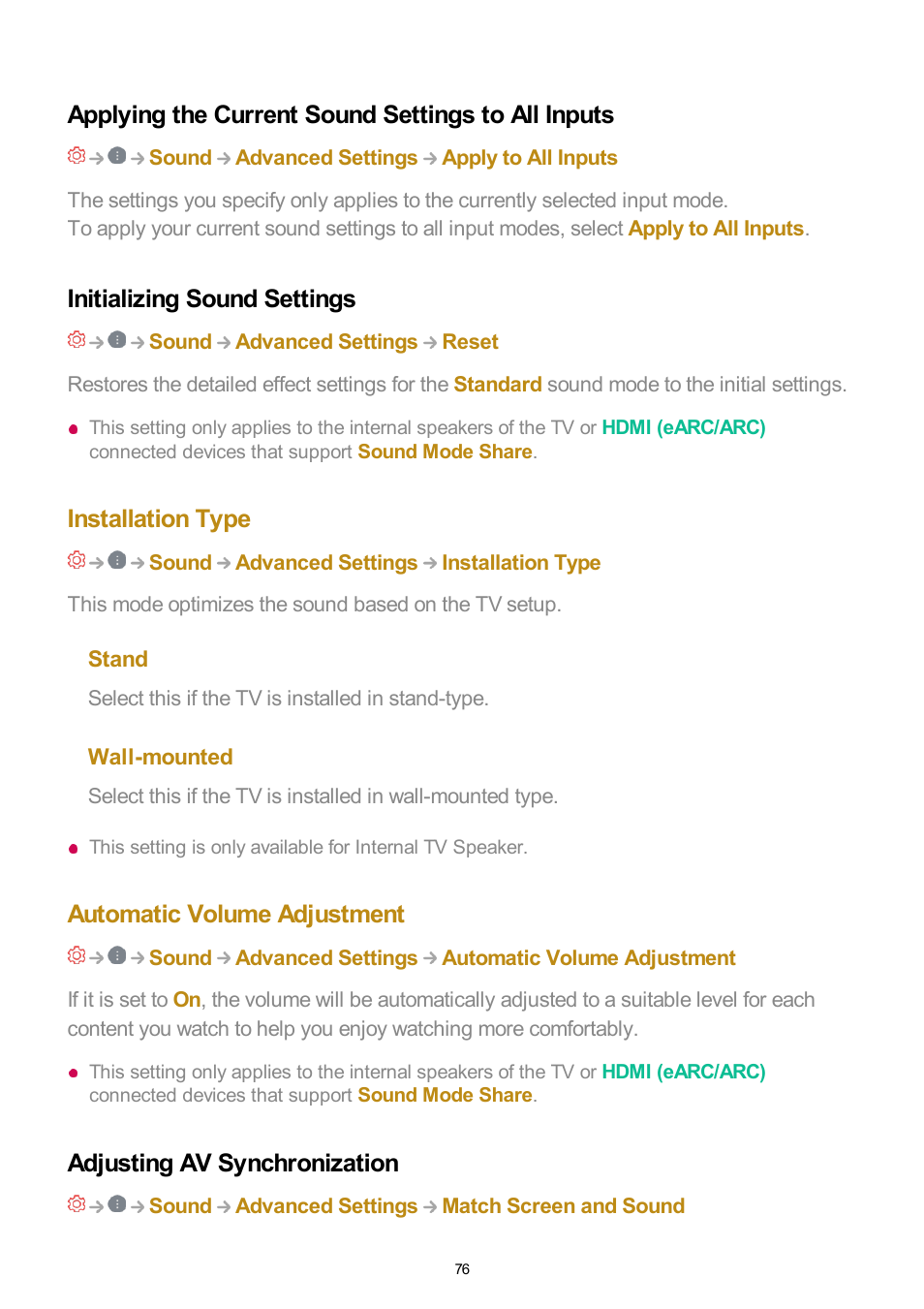 Applying the current sound settings to all inputs, Initializing sound settings, Installation type | Automatic volume adjustment, Adjusting av synchronization | LG UQ7570PUJ 50" 4K HDR Smart LED TV User Manual | Page 76 / 133