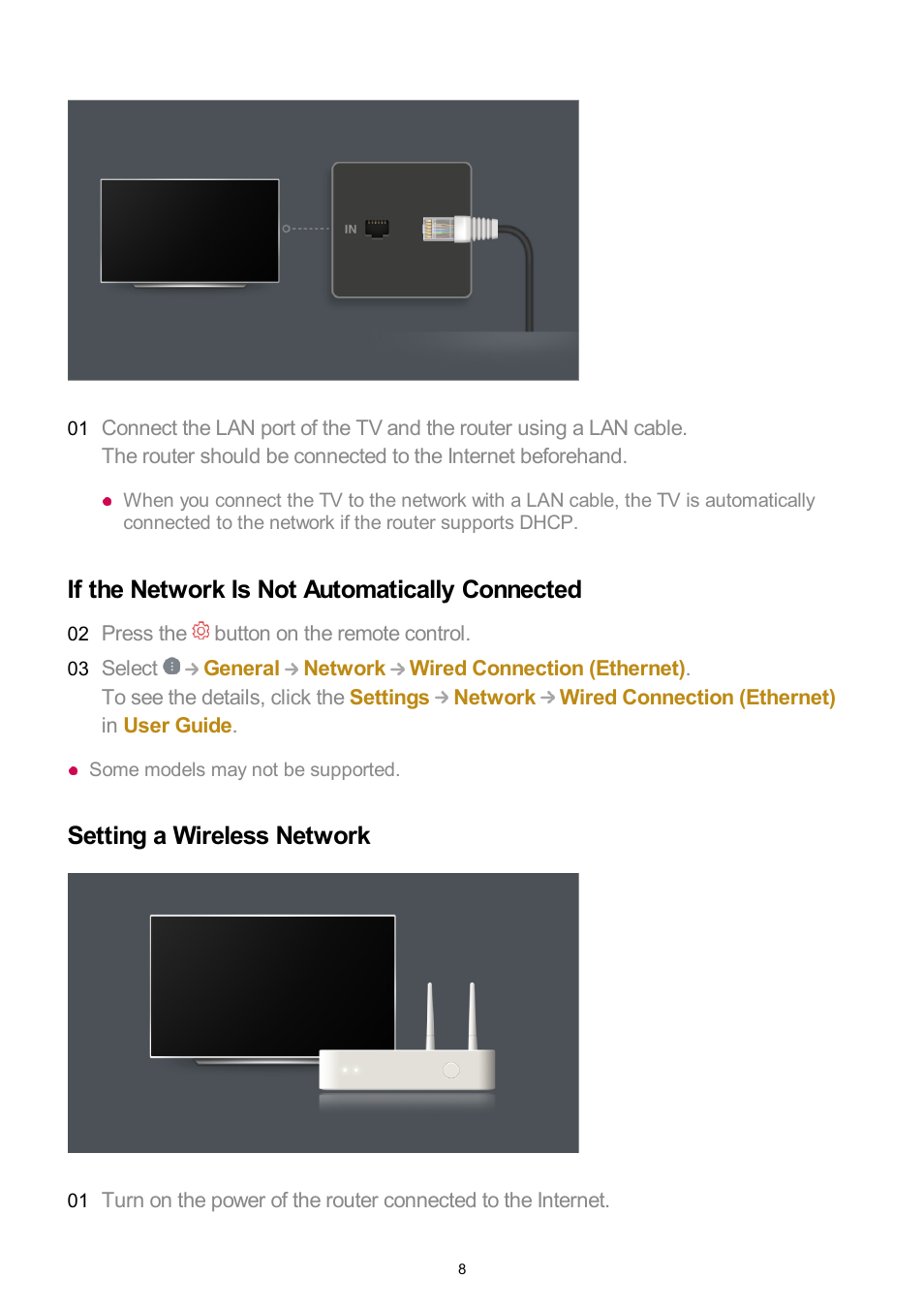 If the network is not automatically connected, Setting a wireless network | LG UQ7570PUJ 50" 4K HDR Smart LED TV User Manual | Page 8 / 133