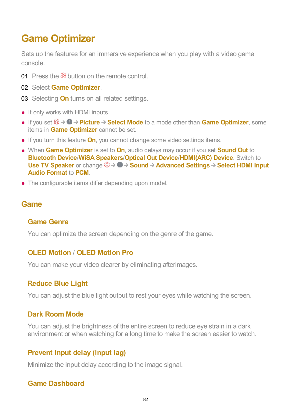Game optimizer, Game | LG UQ7570PUJ 50" 4K HDR Smart LED TV User Manual | Page 82 / 133