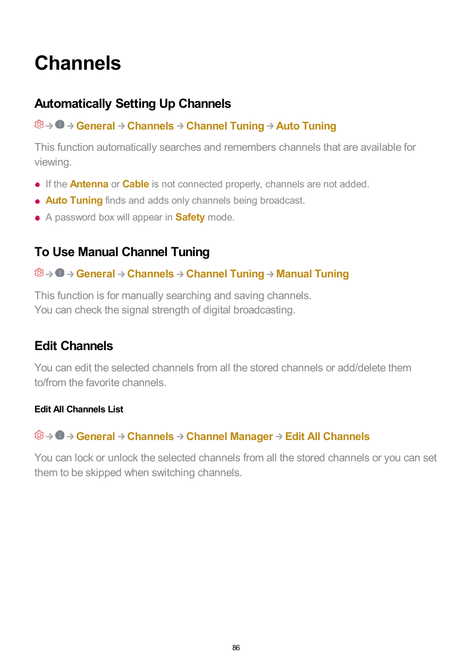 Channels, Automatically setting up channels, To use manual channel tuning | Edit channels, Edit all channels list | LG UQ7570PUJ 50" 4K HDR Smart LED TV User Manual | Page 86 / 133