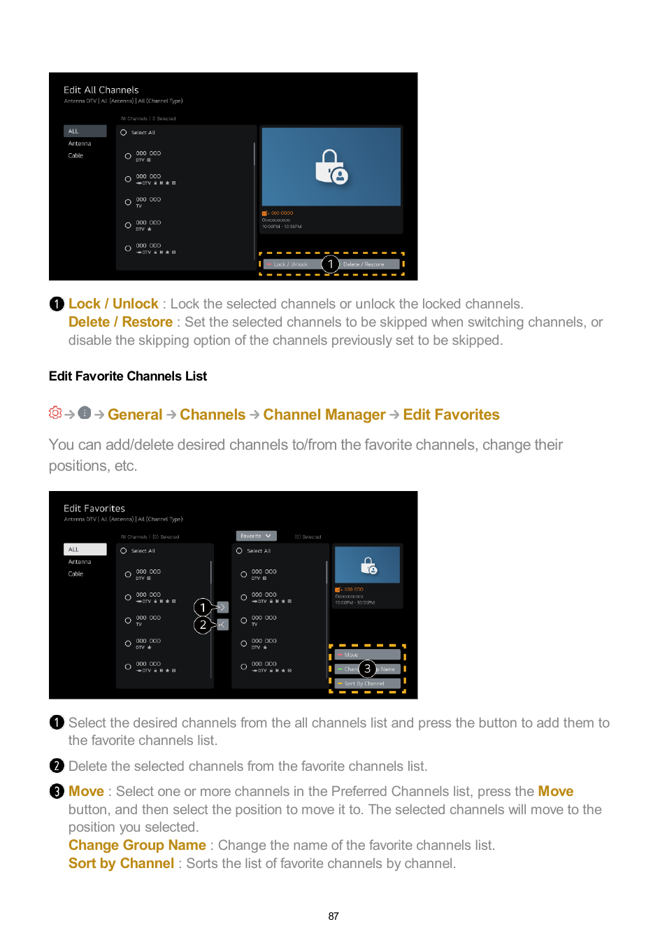 Edit favorite channels list | LG UQ7570PUJ 50" 4K HDR Smart LED TV User Manual | Page 87 / 133