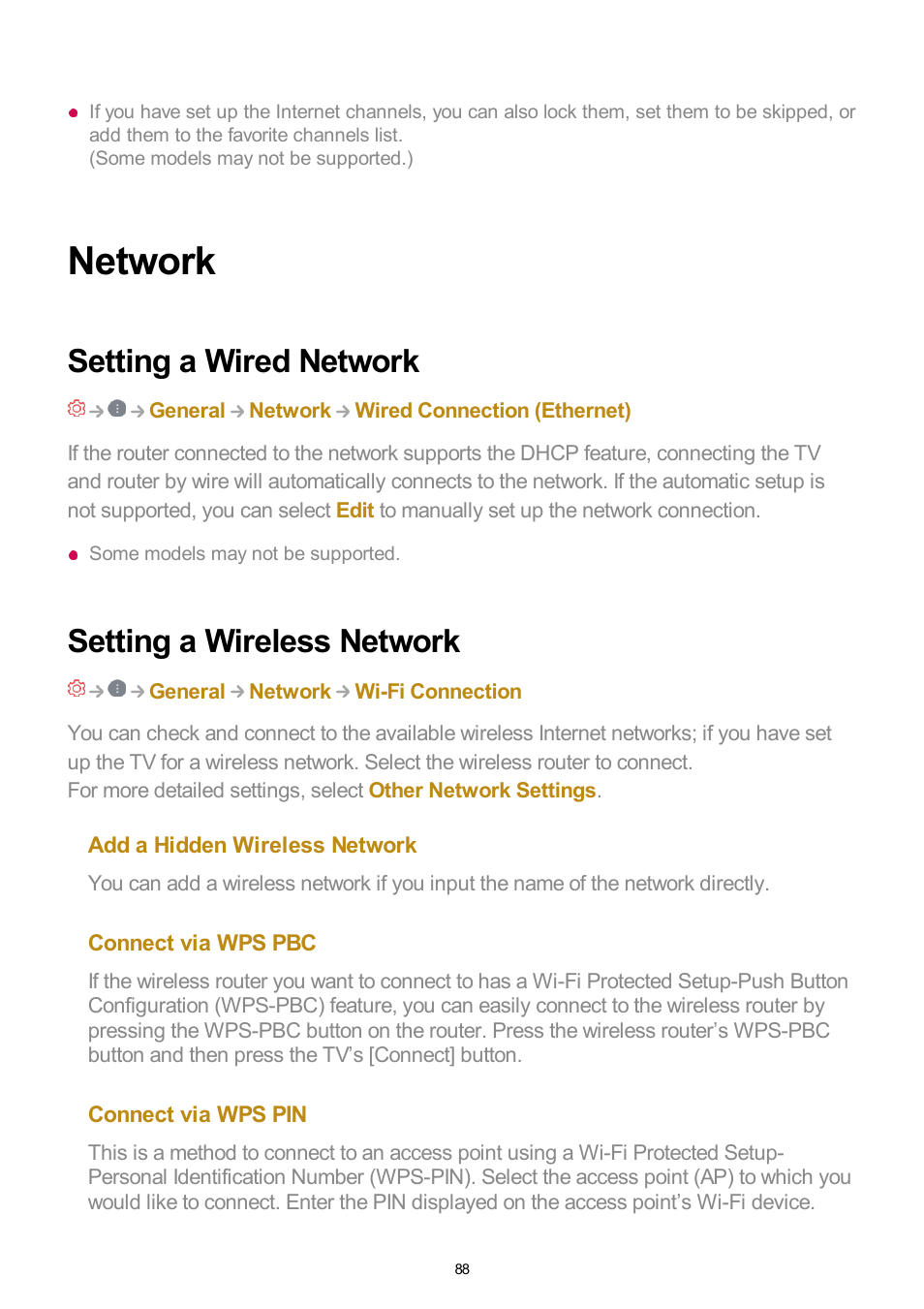 Network, Setting a wired network, Setting a wireless network | LG UQ7570PUJ 50" 4K HDR Smart LED TV User Manual | Page 88 / 133
