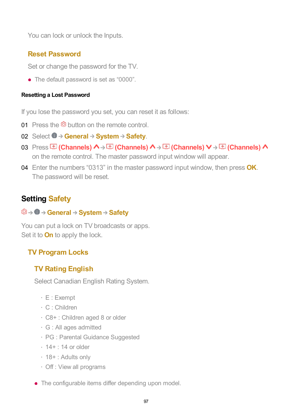 Resetting a lost password, Setting safety | LG UQ7570PUJ 50" 4K HDR Smart LED TV User Manual | Page 97 / 133