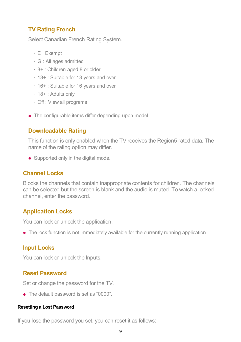 Resetting a lost password, Tv rating french, Downloadable rating | Channel locks, Application locks, Input locks, Reset password, Select canadian french rating system, You can lock or unlock the application, You can lock or unlock the inputs | LG UQ7570PUJ 50" 4K HDR Smart LED TV User Manual | Page 98 / 133
