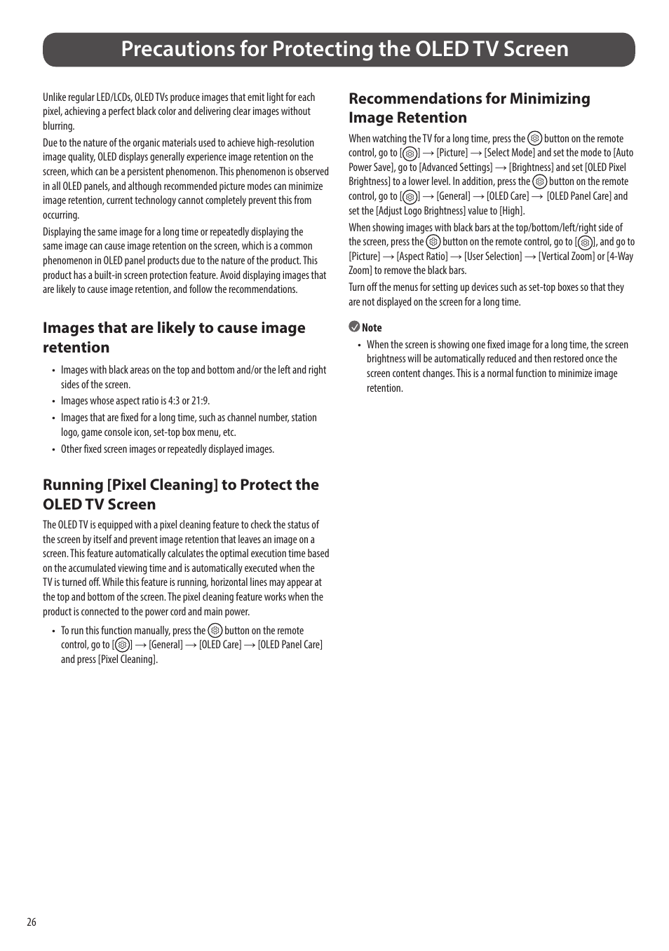 Precautions for protecting the oled tv screen, Images that are likely to cause image retention, Recommendations for minimizing image retention | LG evo M Series M3 77" Wireless 4K HDR Smart OLED TV User Manual | Page 26 / 28