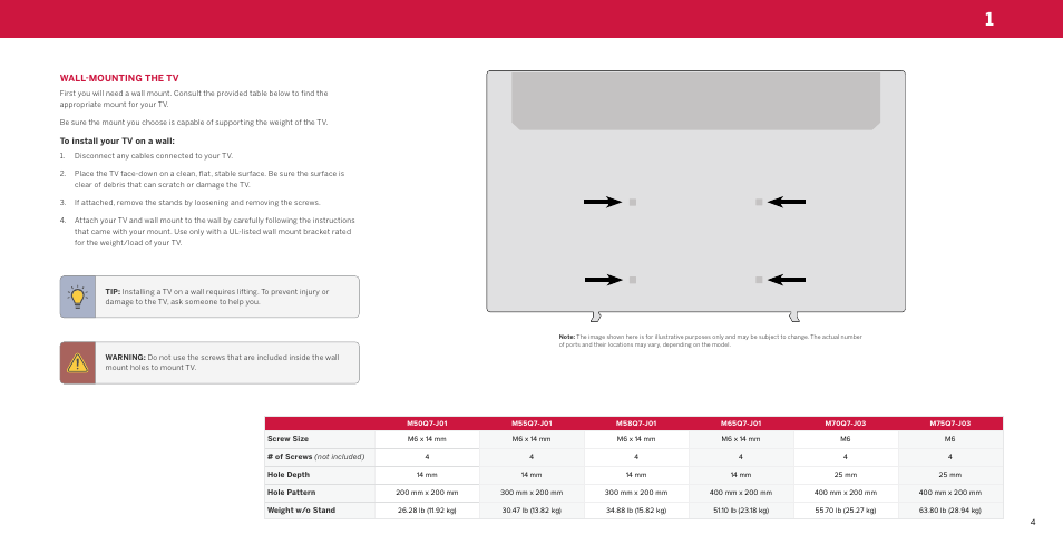 Wall-mounting the tv | Vizio M-Series Quantum Q7-J03 70" Class HDR 4K UHD Smart Quantum Dot LED TV User Manual | Page 10 / 48