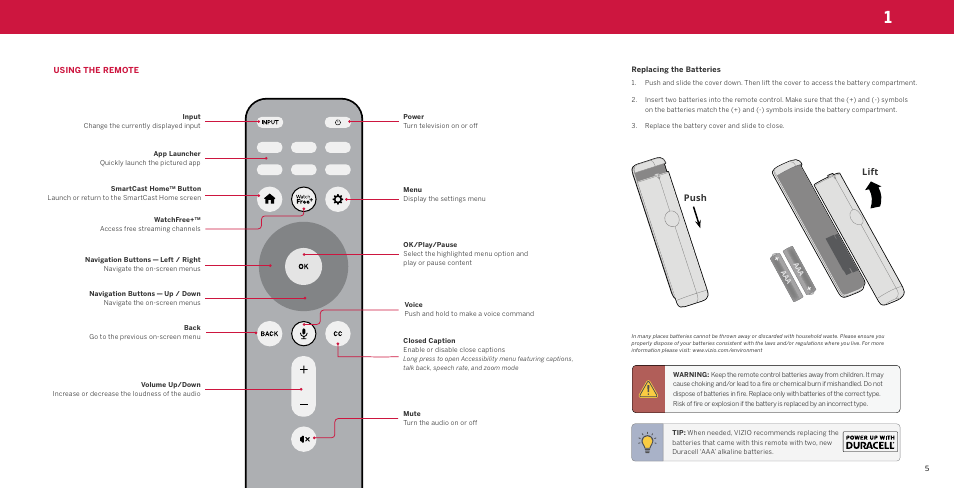 Using the remote, Replacing the batteries, Lift | Push | Vizio M-Series Quantum Q7-J03 70" Class HDR 4K UHD Smart Quantum Dot LED TV User Manual | Page 11 / 48