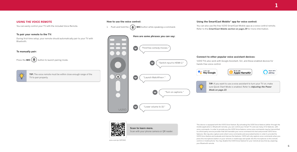 Using the voice remote, How to use the voice control, Using the smartcast mobile™ app for voice control | Connect to other popular voice assistant devices | Vizio M-Series Quantum Q7-J03 70" Class HDR 4K UHD Smart Quantum Dot LED TV User Manual | Page 12 / 48