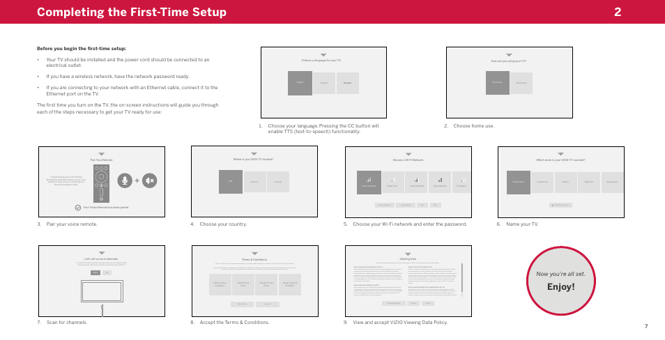 Completing the first-time setup, Before you begin the first-time setup, 2completing the first-time setup | Enjoy, Now you're all set, Scan for channels | Vizio M-Series Quantum Q7-J03 70