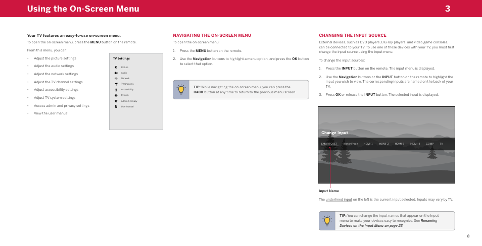 Using the on-screen menu, Navigating the on-screen menu, Changing the input source | 3using the on-screen menu | Vizio M-Series Quantum Q7-J03 70" Class HDR 4K UHD Smart Quantum Dot LED TV User Manual | Page 14 / 48